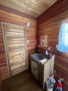 bagno con lavandino e parete in legno di しぇろくまサウナ＆カフェ a Shinano