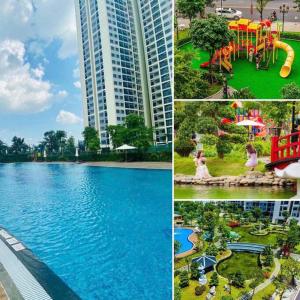 a collage of four pictures of a water park at The Origami: Exclusive Living ! in Long Bình