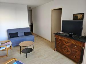 een woonkamer met een blauwe bank en een tv bij Appartement Arcachon, 2 pièces, 4 personnes - FR-1-319-506 in Arcachon