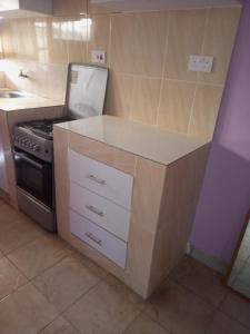 a kitchen with a stove and a counter top at Verona Apartments in Thika