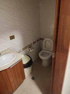 La petite salle de bains est pourvue de toilettes et d'un lavabo. dans l'établissement hermoso departamento confortable tribeca, à Cochabamba