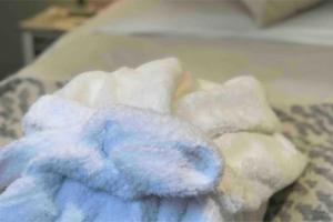 a blue and white stuffed animal sitting on a bed at The Hut- Private 1 Bed Guesthouse in Lymington Town Centre, garden & parking in Lymington