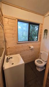 a small bathroom with a toilet and a sink at Banana Hut Haiku in Haiku