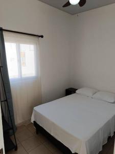 a bedroom with a white bed and a window at Mini casa Ecoterra Santa Ana in Santa Ana