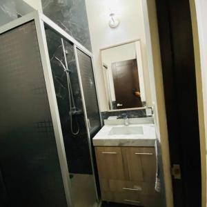 La salle de bains est pourvue d'un lavabo, d'une douche et d'un miroir. dans l'établissement Depto céntrico y vista increíble, à Mexico