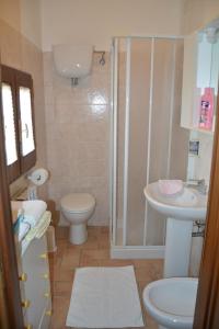 een badkamer met een douche, een toilet en een wastafel bij Borgo San Savino in San Savino