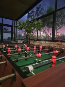 a row of billiard tables with red balls on them at Walvis Bay Wind Beggars in Walvis Bay