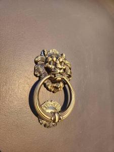 a gold door handle with a lion head on a wall at The Fairytale Cottage at High Rock Castle in Monroe