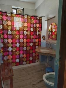 瑞詩凱詩的住宿－Ayurveda Bhavan，带淋浴帘和卫生间的浴室