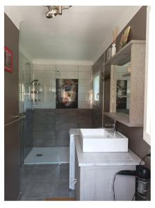 een badkamer met een wastafel en een douche bij Chez Sonia in Sarrians