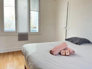 ein Schlafzimmer mit einem Bett mit zwei Handtüchern darauf in der Unterkunft Cœur d'Amiens, Centre ville in Amiens