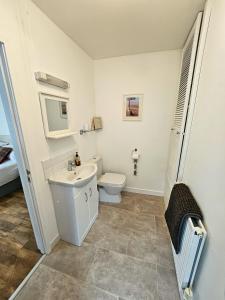 a white bathroom with a toilet and a sink at Raphael House in Pembrey