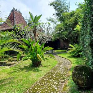 a garden with a small tree and a path at Hills Joglo Villa in Ungaran