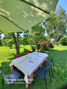 a white table with chairs under a green umbrella at Agriturismo Ai Carpini in Marcon
