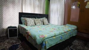 1 dormitorio con 1 cama con edredón y almohadas verdes en WANI GUEST HOUSE, en Gulmarg