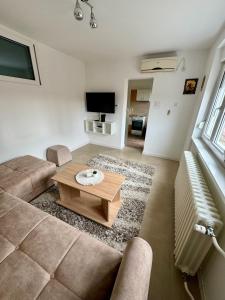 a living room with a couch and a coffee table at Apartman Nest in Kikinda