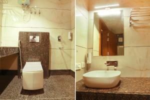 two pictures of a bathroom with a sink and a toilet at FabHotel Prime Swarn Bhoomi in Kānpur