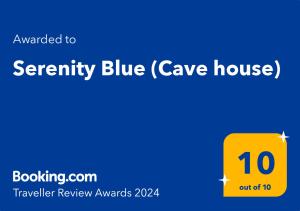 Certifikat, nagrada, logo ili neki drugi dokument izložen u objektu Serenity Blue (Cave house)
