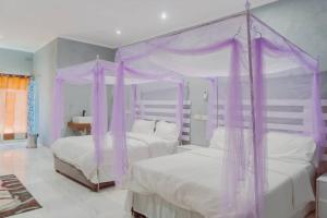 - une chambre avec 2 lits et des rideaux violets dans l'établissement Adams lodges Ltd, à Mangochi