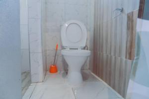 a bathroom with a toilet with a plunger in it at Adams lodges Ltd in Mponda