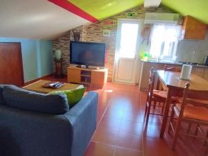 a living room with a couch and a table and a tv at Monte Sol Nascente (Loft) in Grândola