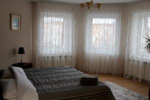 una camera con un letto e due grandi finestre di Опал a Stryj