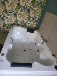 a white bath tub sitting in a bathroom at Atelier Détente in Liévin +3 photos