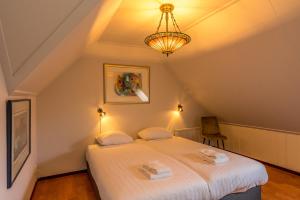 a bedroom with a bed and a chandelier at Boerderijwoning De Florijn in Oosterend