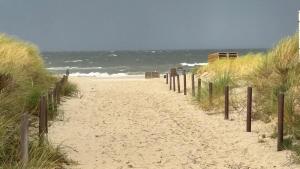 a sandy path leading to a beach with the ocean at Kapitänsapartment der Villa Kaethe in Rostock