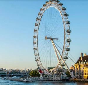 a large ferris wheel in a city on the water at Central London penthouse apartment in London