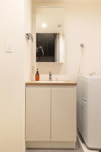 a white bathroom with a sink and a mirror at Dash Living Kagurazaka in Tokyo