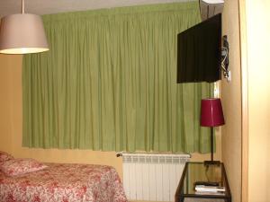 1 dormitorio con 1 cama y cortina verde en Hostal Puerta Bonita Vista Alegre, en Madrid