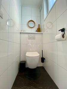 biała łazienka z toaletą i lustrem w obiekcie Tinyhouse Grasmus w mieście Nunspeet