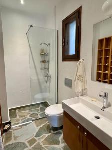 un bagno con wc, lavandino e doccia di Villa Kasteli - Secret Beauty in the Mountains a Karistos Altre 40 foto