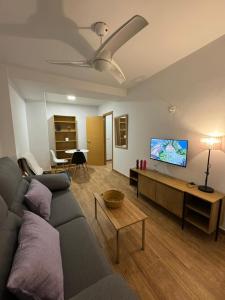 uma sala de estar com um sofá e uma televisão de ecrã plano em Apartamento Irene 2 em Caravaca de la Cruz