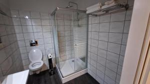 La salle de bains est pourvue d'une douche et de toilettes. dans l'établissement Ferienwohnung Mark, à Plauen