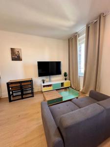 a living room with a couch and a flat screen tv at Britich 3D: Suite spa privé, clim, thermal/Artem in Nancy +7 photos