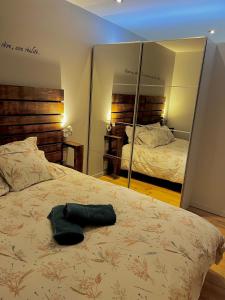 - une chambre avec un lit et un miroir dans l'établissement Chez Maïlis, à Rhisnes