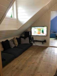 a living room with a couch and a flat screen tv at Sommerparadis på Nesbru - 5 min å gå til stranden in Asker