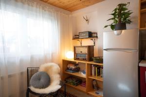 a room with a refrigerator and a book shelf at Ski Hut Smučka in Kranjska Gora +30 photos