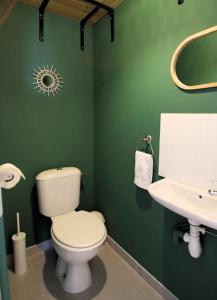 ein grünes Bad mit einem WC und einem Waschbecken in der Unterkunft Cosy appartement entre vignes et garrigue avec piscine in Péret