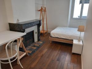 um quarto com uma lareira, uma cama e uma mesa em Beau T3 avec jardin hyper centre proche gare em Angers