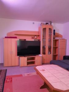 a living room with a flat screen tv and wooden cabinets at Ferienwohnung 2 Jöbstl 