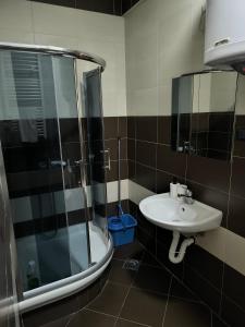 een badkamer met een glazen douche en een wastafel bij Apartman Quality in Voždivac