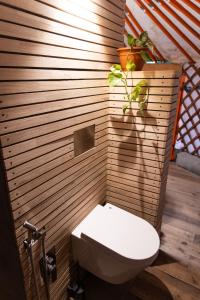 a bathroom with a toilet and a plant on the wall at Yeruu lodge in Jargalant