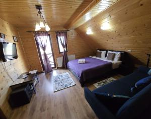 a room with two beds and a tv in a cabin at Hanul Rotbav in Rotbav