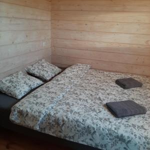 two beds in a room with wooden walls at Purvēveri in Tukums