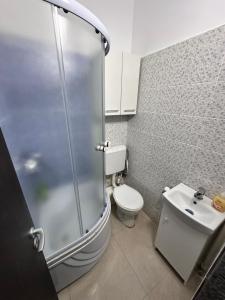 uma casa de banho com um chuveiro, um WC e um lavatório. em Studio City Center em Bucareste