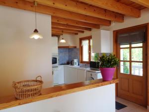 a kitchen with wooden ceilings and a counter with a plant at Gîte La Tuilière, 4 pièces, 8 personnes - FR-1-496-115 in Saint-Priest-la-Prugne