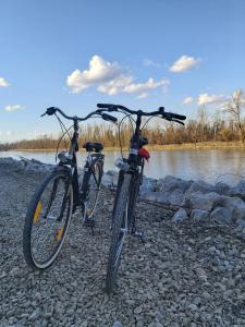 two bikes parked on rocks next to a river at Izletište Opatovac in Opatovac